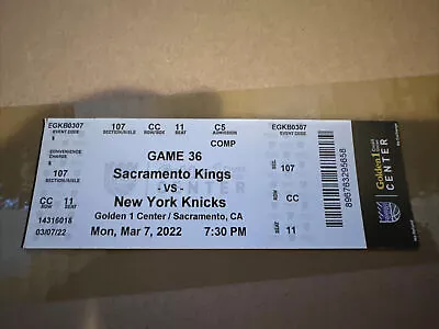 2022 Ticket Stubs Sacramento Kings Vs New York Knicks • $6.99