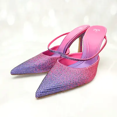 Zara Women's Rhinestone Sandals Heels Size 8M Fuchsia Pink/Purple Ombré Slip-On • $47.99
