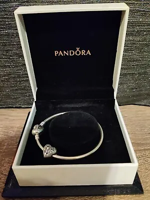 $50.96 • Buy Pandora Moments Heart Clasp Bangle Bracelet 925 Sterling Silver With Heart Charm