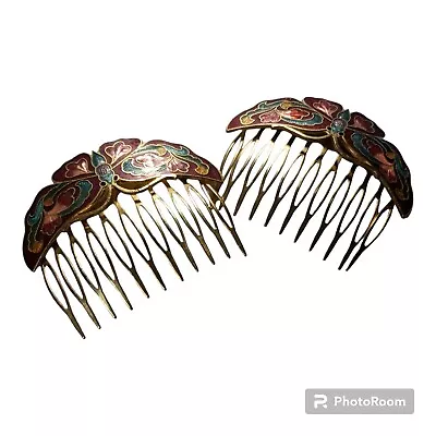 (2)Vintage 70-80s Brass Gold Tone Cloisonne Hair Combs Butterfly Floral 2.25  • $34.45