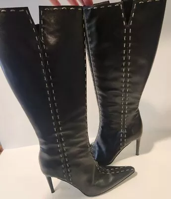 Italian Made Leather Knee High Boots Black 4  Heels Sz 7 Decorative Stitching • $63