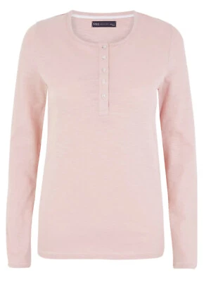 £8.99 • Buy Ex-M & S Blush Pink Henley 100% Cotton Slub Jersey Long Sleeved Top - BNWOT