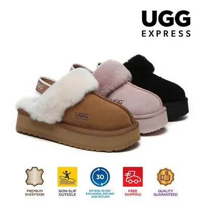 $89 • Buy 【EXTRA20%OFF】UGG Slippers Sheepskin Wool Platform Strap Slingback Slipper Muffin