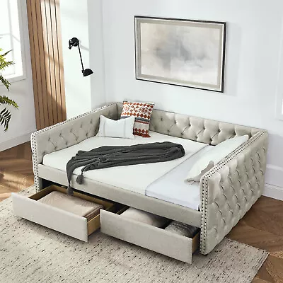 Full Size Daybed Linen Upholstered Bed Frame With Two Drawers And Button • $579.99