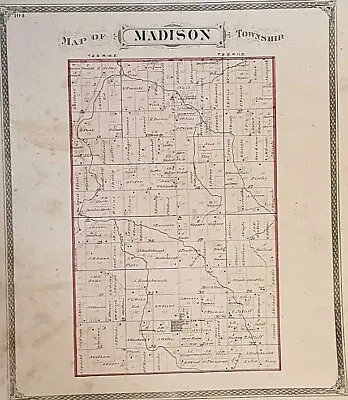 Old Antique 1875 Plat Map ~ MADISON Township - HANCOCK County OHIO ~ Free S&H • $45.95