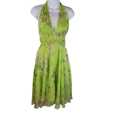 Vtg Y2k Chartruese Green Floral Silk Halter Dress 4 • $68.99