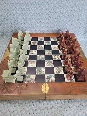 Vintage Oriental Chess Set Carved Soapstone Inlaid Tile Folding Board/Case • $95