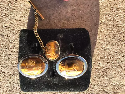 Cuff Links Carved Tigers Eye With Matching Tie Tack Set Great For Father’s Day • $68