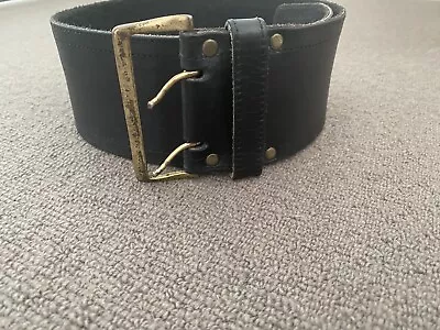 £22.48 • Buy Vintage-Boho-Thick Chunky-Black Leather Belt - Brass Buckle - Double Prongs
