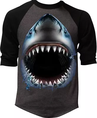 Men's Shark Face Animal Print Charcoal Baseball Raglan T Shirt Beast Dope Tee • $13.99