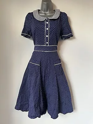 Fab Lindy Bop 50’s Style Blue Polka Dot Summer Dress Sz 12 • £1.20