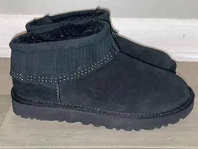 NEW UGG 1121576 Ultra Mini Fringe Bling Suede Sheepskin Black Boot Womens Size 7 • $89