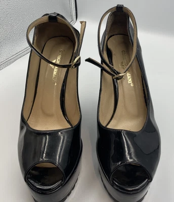 £50 • Buy Georgio Armani Patent Leather Black Peep Toe Wedge Shoes Size 40/6