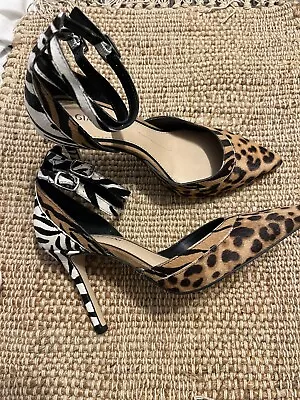 Gianni Bini Womens S 6.5 Leather Calf Hair Stiletto Heels Leopard Zebra Pre-Love • £19.57