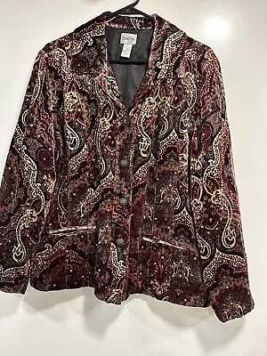 Chico's Sz 3 Velvet Blazer Jacket Paisley Burgundy Silk Blend Sequins L/slvs • £18.30