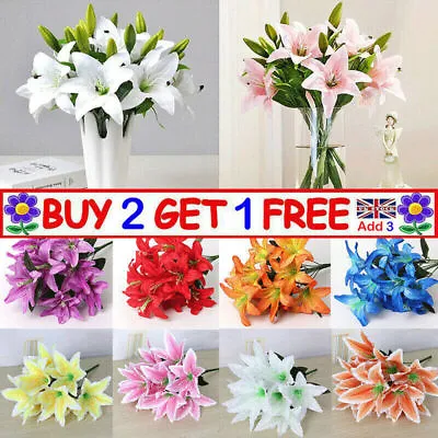 Artificial Lily Silk Fake Flowers Bouquet Office Bunch Wedding Party Home Decor • £4.85