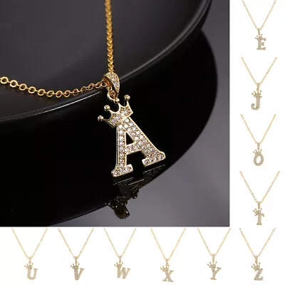 Women Men Necklace A-Z Alphabet Pendant Crown Crystal Chain Fashion Jewelry • $3.31