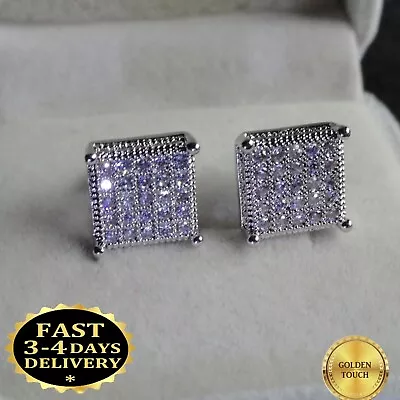 Men's LUXURY Pave 10mm Simulated Diamonds White Gold Filled Square Stud Earrings • £19.99