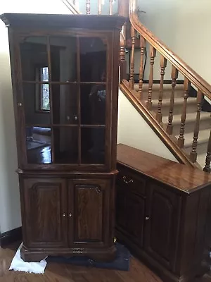 Oak Corner Curio Cabinet With Matching Buffet. Dark Oak Excellent Condition • $500