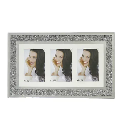 3 Photo Glass Sparkly Silver Diamond Crush Wall Multi Picture Frame 4  X 6   • £19.99