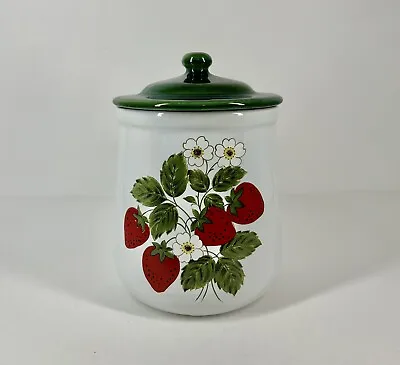 McCoy USA Pottery Strawberry Country Canister Cookie Jar Green Lid 8.5  Ceramic • $38.99