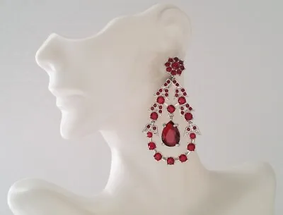 Signed MONET Silver Tone Red Crystal Floral Dangle Earrings • $39.50