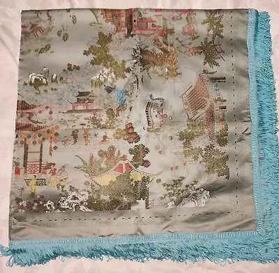 Vintage Brocaded Flowers Chinese Silk Tapestry Tablecloth 38  X 38  Blue Edges • $55