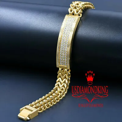 Mens Solid Stainless Steel Simulate Diamond 14K Gold Finish ID Bracelet 8.5   • $79.99
