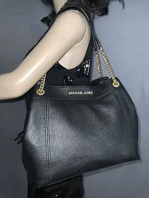 Michael Kors Jet Set Large Chain Tote Pebbled Leather Shoulder Bag Black • $119