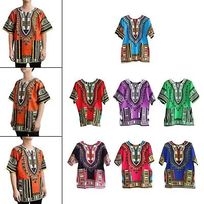 African Dashiki Shirt Bright Colour Floral Print Large V Neck Top Clothing • £13.58
