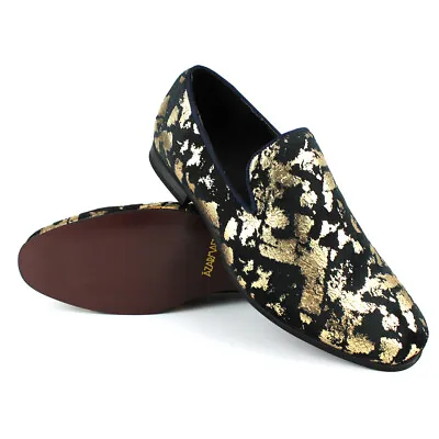 ÃZARMAN Men's Slip On Velvet Black & Gold Leopard Print Dress Shoes Loafers LS21 • $29.99