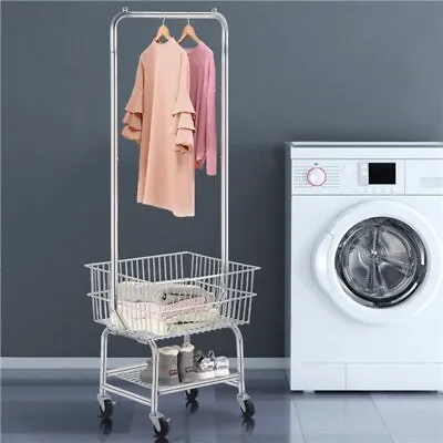 $168.98 • Buy Rolling Metal Laundry Cart 3 Tier Clothes Hanger Drying Rod Storage Shelf Basket