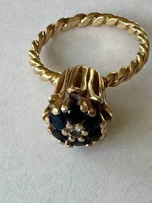 Vintage 14k Yellow Gold Diamond And Sapphire Tulip Stack Ring Twist Band • $200