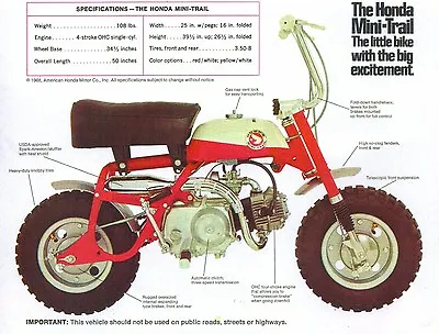 1968 Honda Mini Trail Z50 Specs Sales Ad  Vintage Mini Bike Minicycle • $12.55