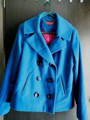 Womens Merona Bright Blue Pink Lining Double Breasted Long Sleeve Peacoat Size L • $20