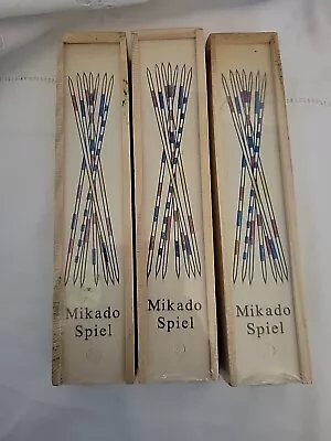 Vintage 3 Mikado Spiel Wood Pick Up Sticks Game In Wooden Box Sliding Top Sealed • $19