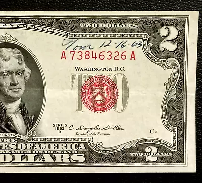 Vintage 1953 B RED SEAL $2 Two Dollar UNITED STATES NOTE • $1.25