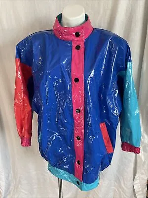 Vtg Razzle Dazzle Womens Vinyl Color Block Raincoat Sz M / L Shoulder Pad Taiwan • $254.75