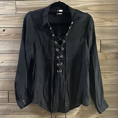 DIVIDED H&M  Lace Up Grommet Top Black Long Sleeve Women’s Size 10 • $14.95