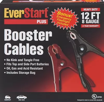 Ever Start Plus Jumper Booster Cables 12FT 8 Gauge Bonus Light & Bag Heavy Duty • $12.50