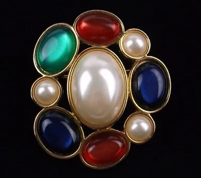 Vintage Avon Gold Tone Multicolor Faux Pearls And Cabochon Brooch Pin • $14.99