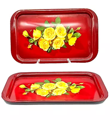Two (2) Vintage Metal Trays Bright Red With Yellow Roses 8.75  X 14  • $17.99