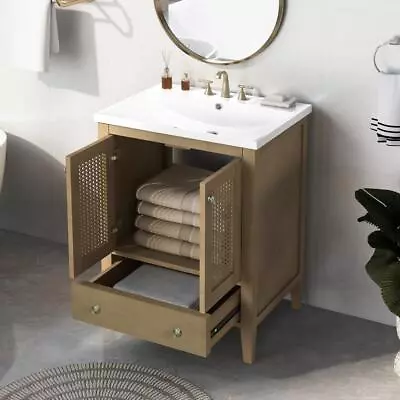 24  Bathroom Vanity With Sink Ceramic Basin Rattan Bathroom Storage Cabinet Wood • $239.99