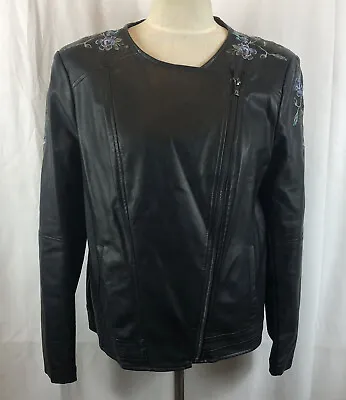 G By Giuliana Faux Leather Moto Jacket Black Sz L Floral Embroidered • $29.99