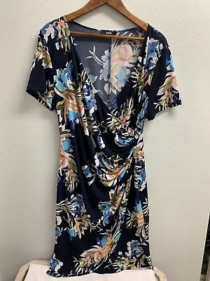 Msk Dress Navy Floral Faux Wrap No Tag M/l Short Sleeves Slimming Flowers • $12.66