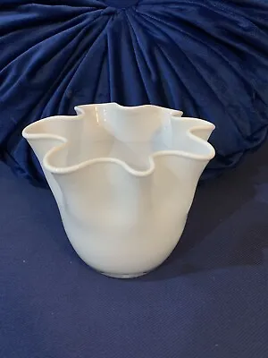 Vintage Blown Glass Solid White Ruffle Handkerchief Vase 5” • $79.99