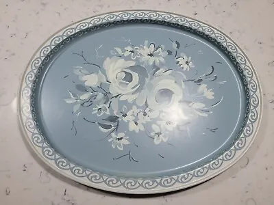 Vtg Toleware Country Cottage FLORAL Oval Metal Tray Blue And White 14.5  • $20