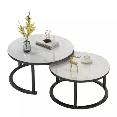 Foret Coffee Table Side Tables 2pc Set Tea Marble Look Glass Finish • $149.99