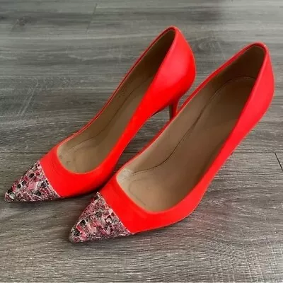 J. Crew Elsie Fabric Cap Toe Heels Neon Leather 7 • $60