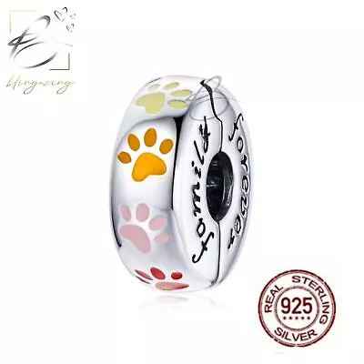 💖 Dog Cat Charm Paw Prints Fur Mum Clip Stopper Genuine 925 Sterling Silver  • £16.99